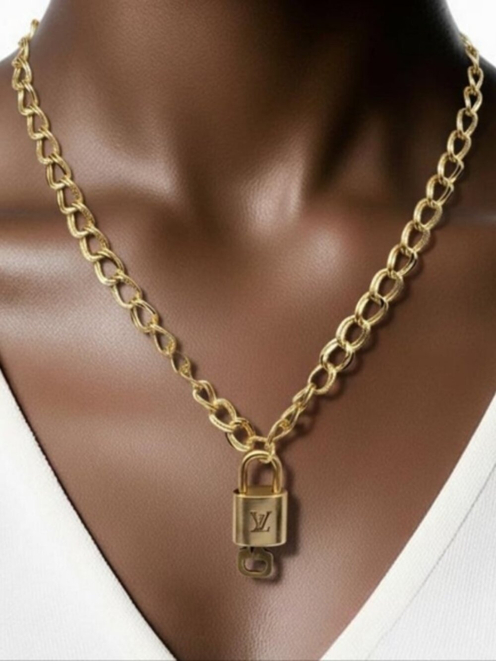 Authentic Louis Vuitton Gold Padlock w/ Unbranded Fashion Stainless Steel Chain